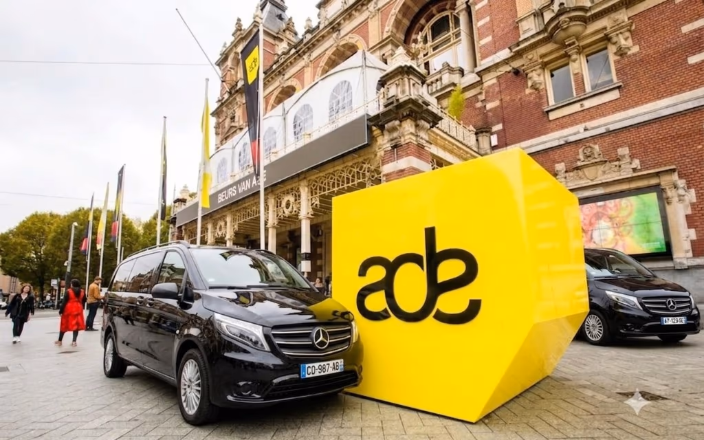 Holland ToursNL Mercedes vans at Amsterdam Dance Event (ADE) 2026 outside the Stadsschouwburg