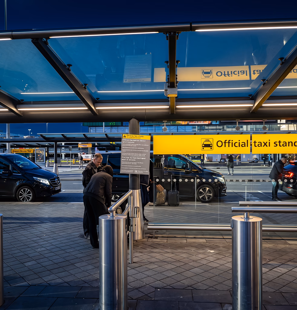 Official taxi stand at Amsterdam Airport Schiphol with black Mercedes V-Class taxis and travellers