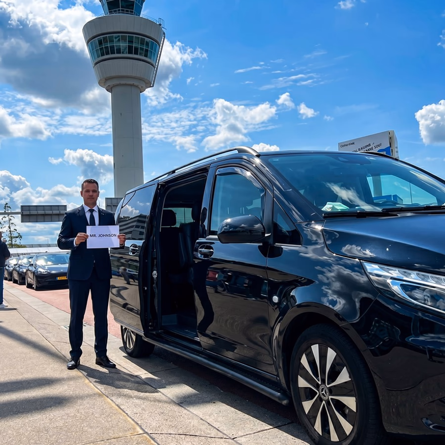 Toursnl chauffeur holding a name board next to a black Mercedes V-Class for an Amsterdam airport transfer at Schiphol control tower