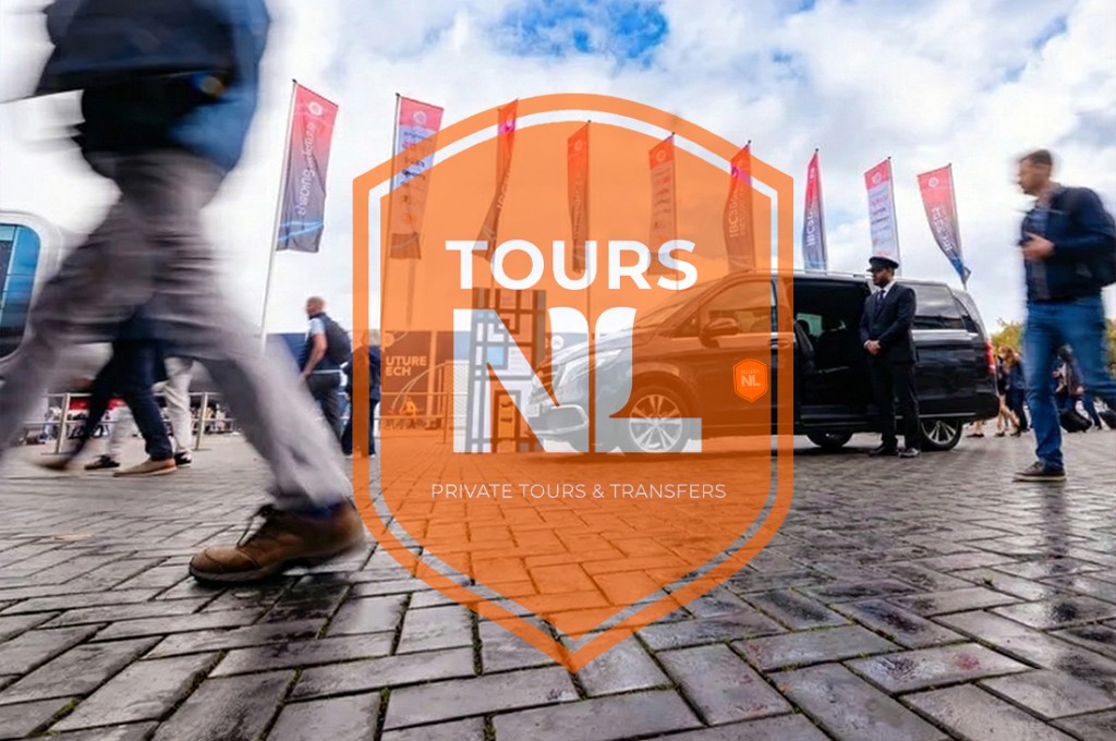 Business professionals walking past a ToursNL executive Mercedes van