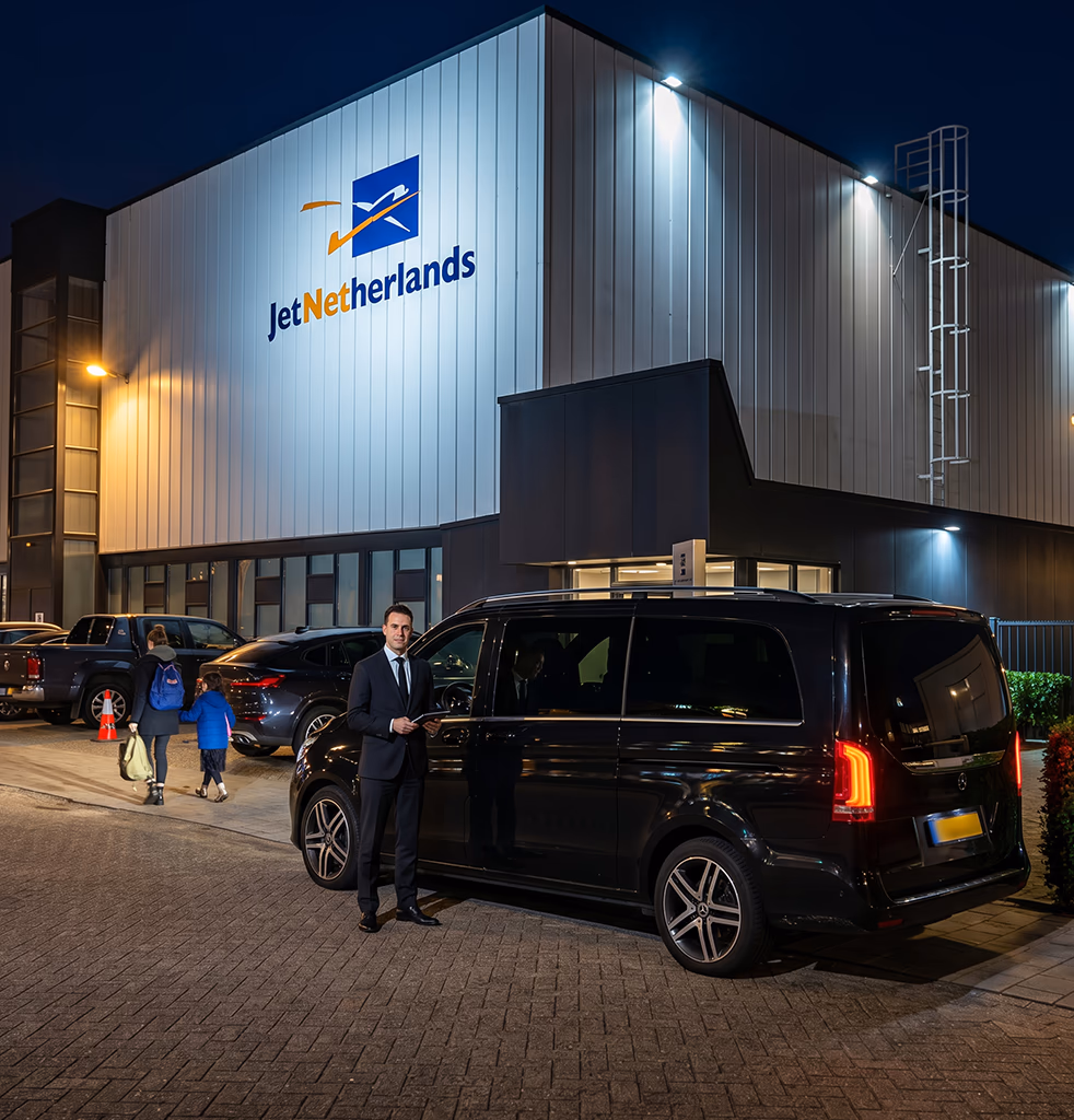 Toursnl chauffeur standing beside a black Mercedes V-Class van outside a business terminal in the Netherlands
