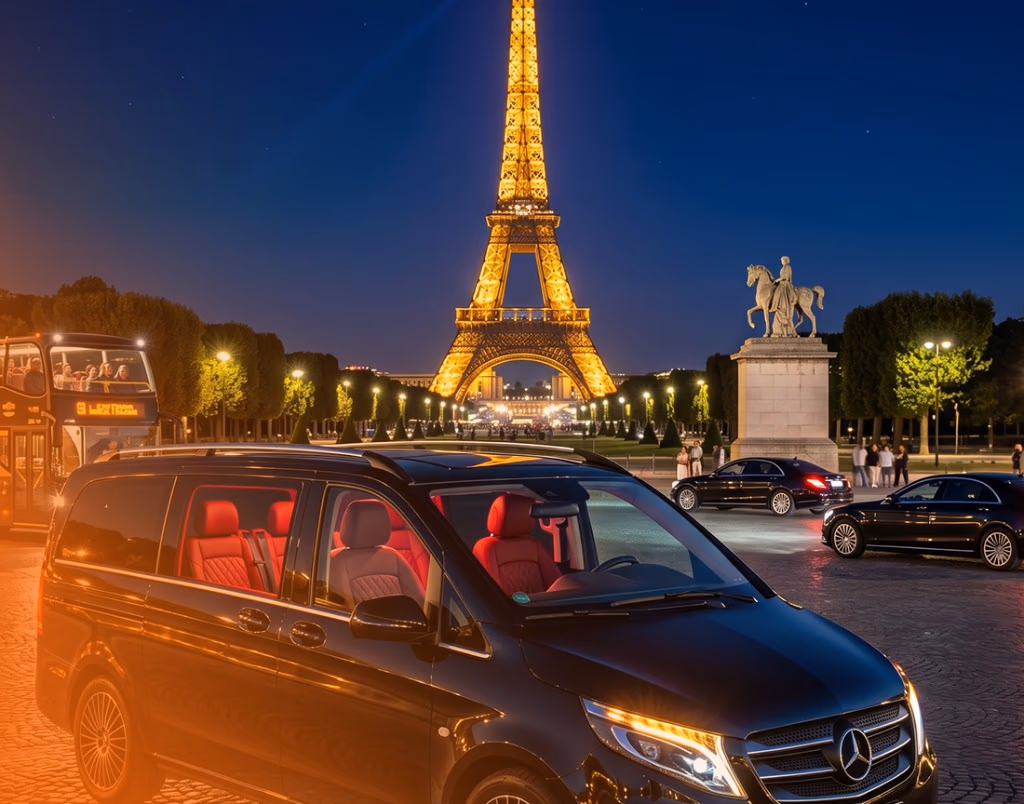 Luxury Mercedes V-Class van with red leather seats in front of the illuminated Eiffel Tower on a private Europe tour from Amsterdam