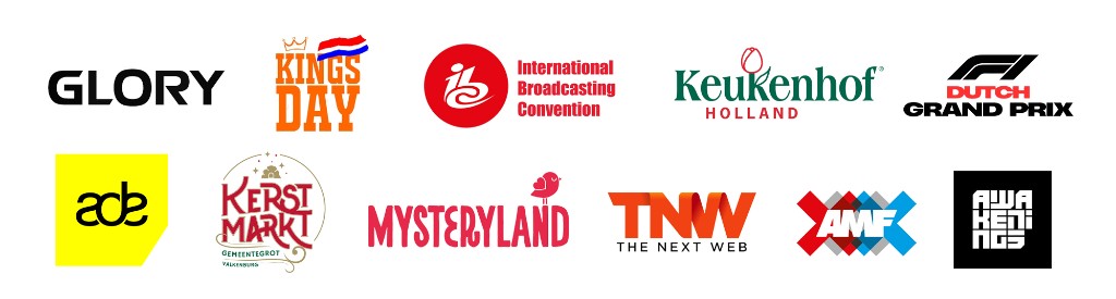 ToursNL partner events logos — Glory, King's Day, IBC, Keukenhof, F1 Dutch Grand Prix, ADE, Mysteryland, TNW, AMF and Awakenings
