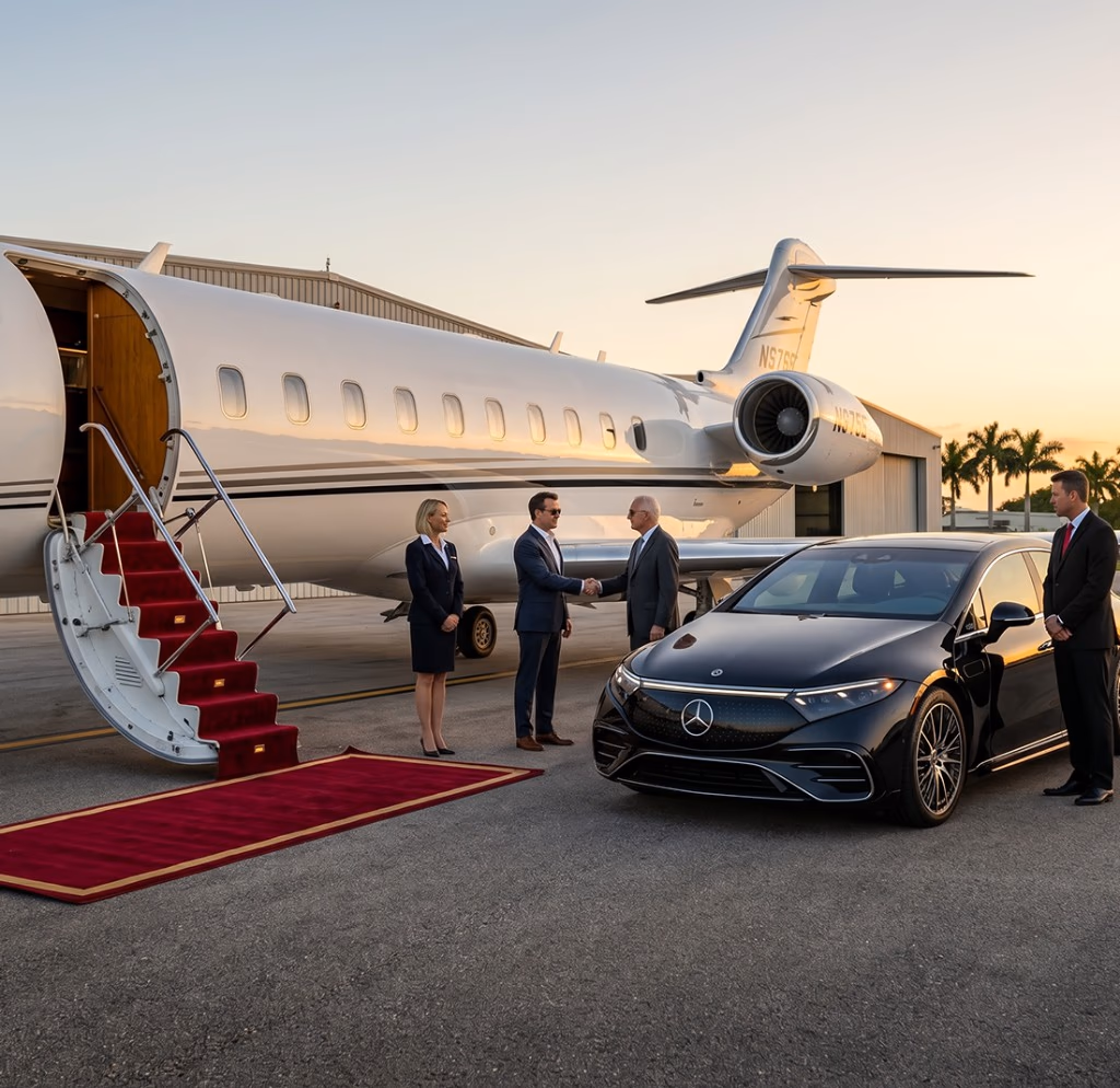 Toursnl chauffeurs with a black Mercedes EQS and red carpet welcoming VIP guests beside a private jet at sunset