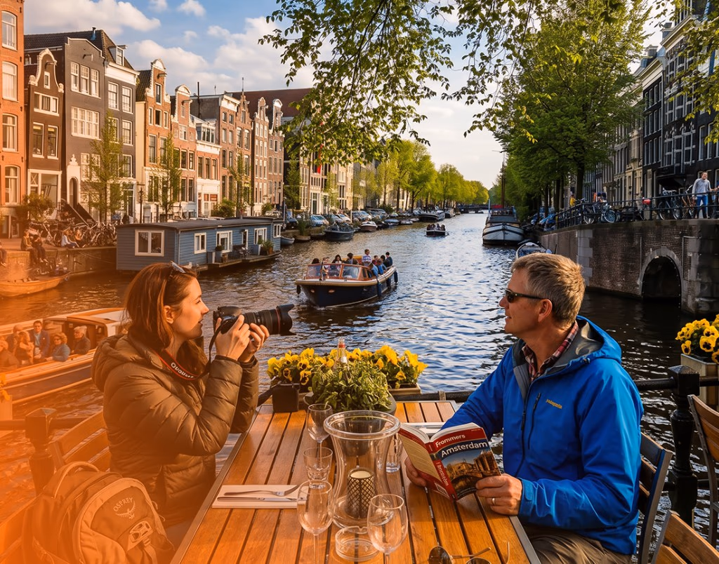 Couple relaxing at a canalside café terrace with an Amsterdam guidebook on a multi-day private tour of the Netherlands
