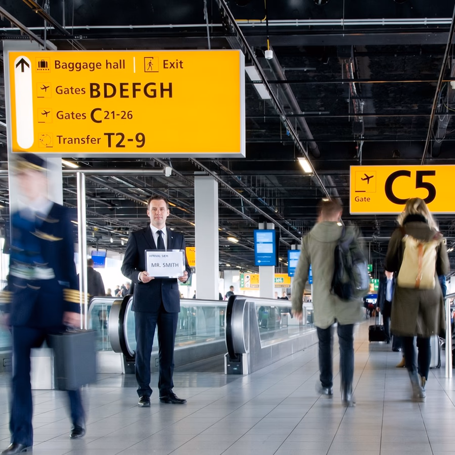 Private chauffeur with a meet-and-greet name sign inside Amsterdam Airport Schiphol arrivals hall