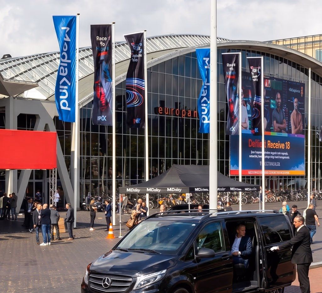 سائق Toursnl ببدلة داكنة يفتح باب فان مرسيدس V-Class أسود لمسافر أعمال أمام مجمع أوروبا في RAI أمستردام