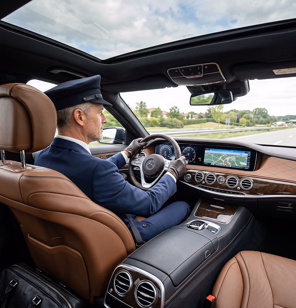 سائق خاص محترف يرتدي قفازات خلف مقود سيارة مرسيدس S-Class على طريق هولندي