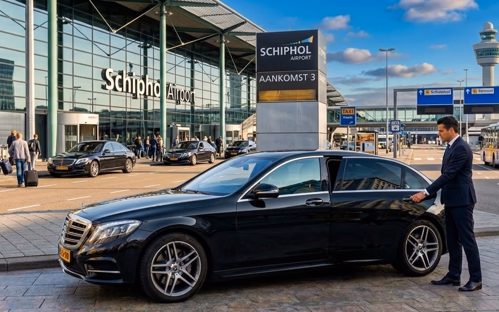 Private taxi in Amsterdam — a Holland ToursNL black Mercedes S-Class at Schiphol Airport
